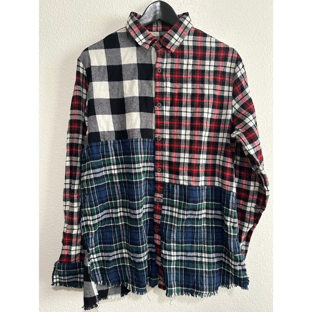Zara Man Button Up Long Sleeved Elbow Patchwork Collared shirt plaid Men Size M